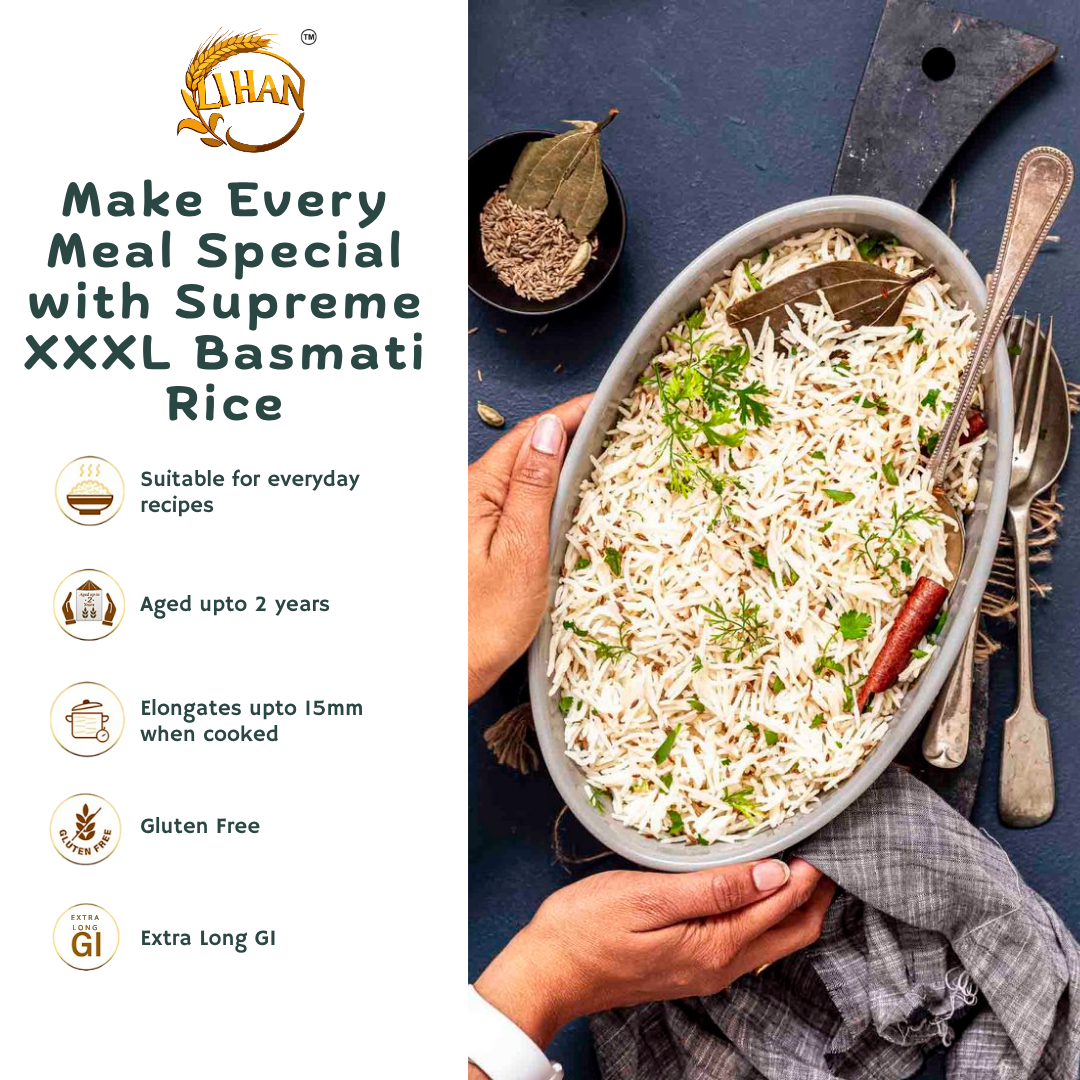 Lihan Supreme XXXL Basmati Rice, 1kg (Pack of 3) – Premium Aged Long Grain | Extra Long, Fluffy & Aromatic | Ideal for Biryani, Pulao & Daily Meals