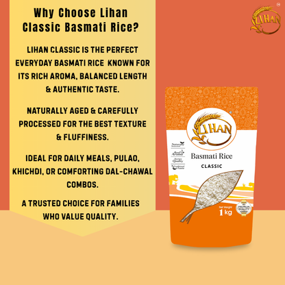 Lihan Classic Basmati Rice, 1kg – Premium Aged Long Grain | Fluffy, Aromatic & Non-Sticky | Ideal for Daily Cooking, Pulao & Biryani